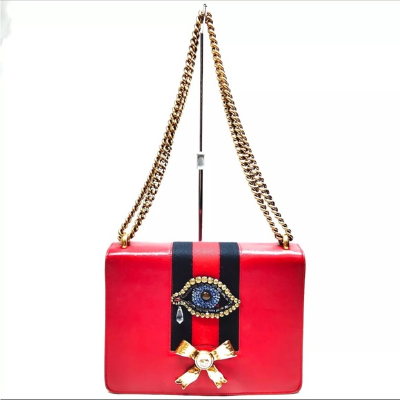 Authentic limited Edition GUCCI Red Leather Web Peony Eye Chain Shoulder Bag - Picture 13 of 17